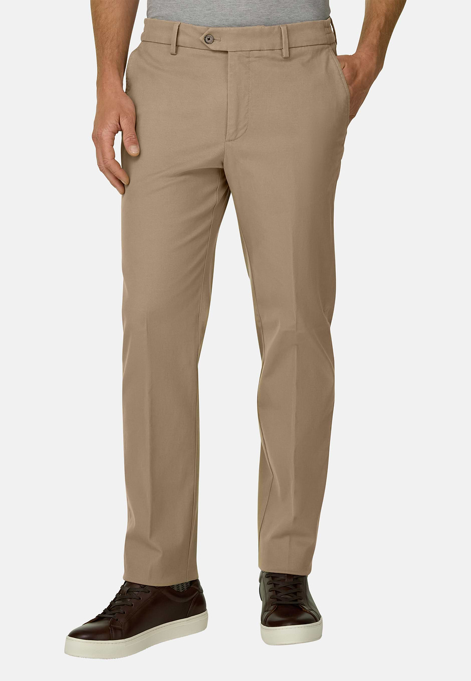 Trousers in Stretch Cotton Tencel, Taupe, hi-res