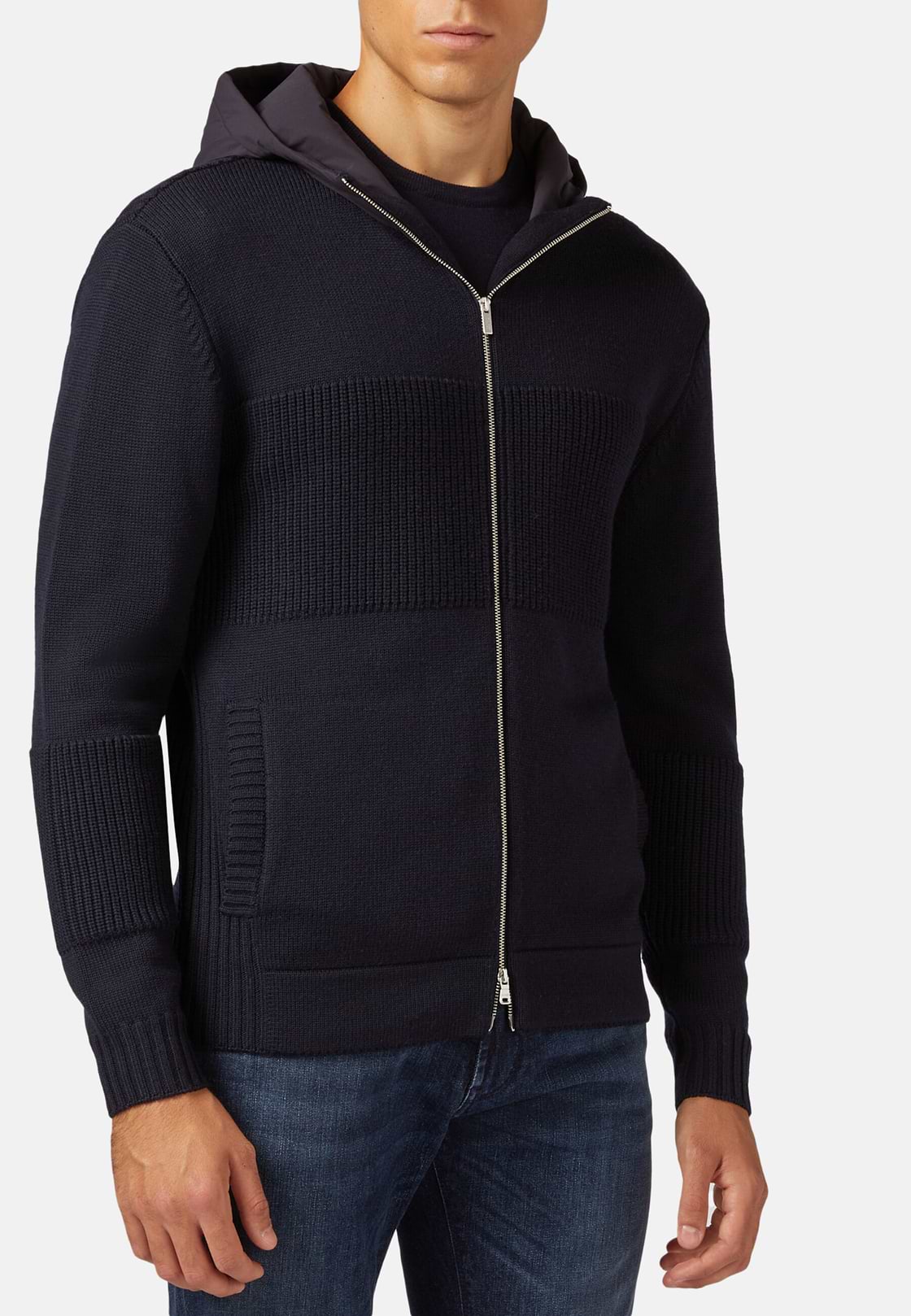 Men s Navy Full Zip Hooded Jumper in Merino Wool Boggi Milano