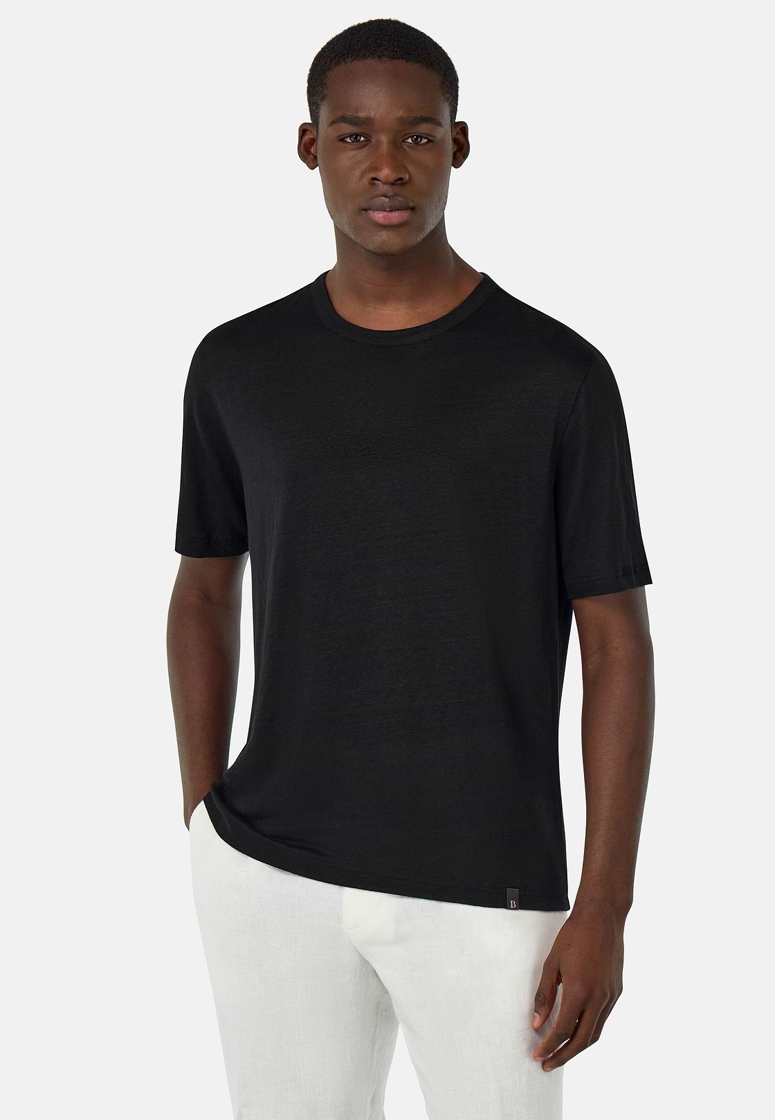 T-Shirt in Stretch Linen Jersey, Black, hi-res