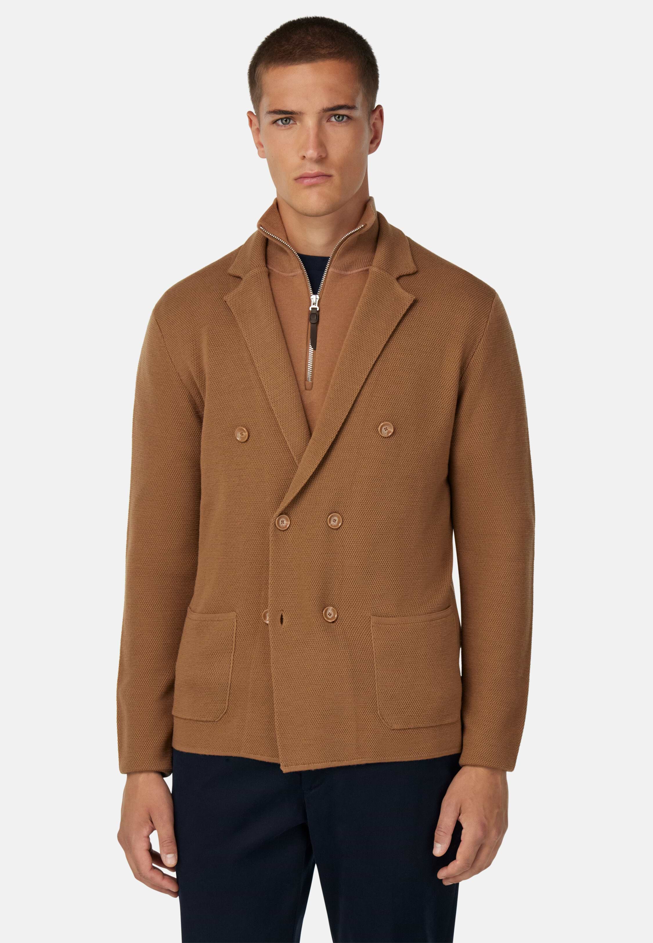 Men's Merino Wool Double-Breasted Jacket, Hazelnut | Boggi Milano
