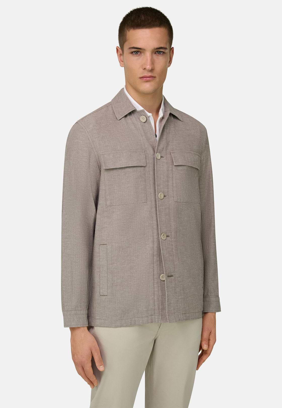 Giacca Camicia In Cotone Lino, Taupe, hi-res, 2