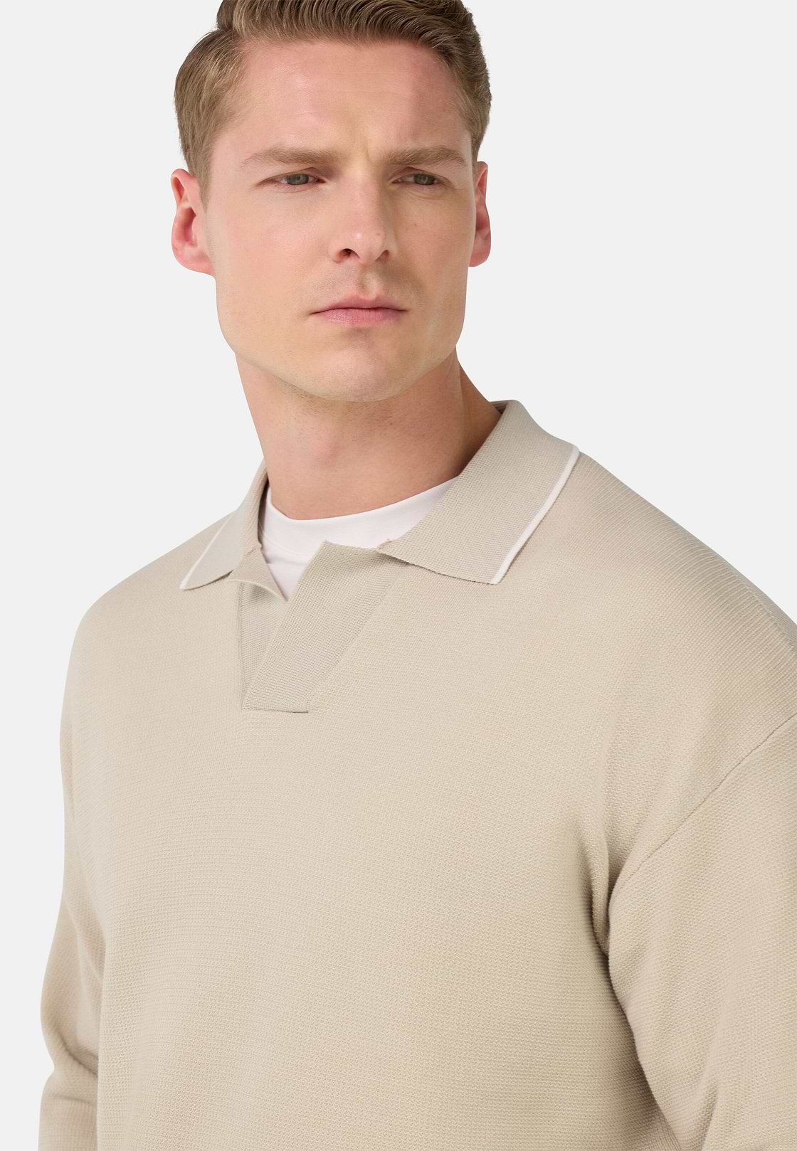 Open Neck Knitted Polo Shirt in a Cotton Blend, Sand, hi-res