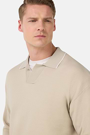 Open Neck Knitted Polo Shirt in a Cotton Blend, Sand, hi-res
