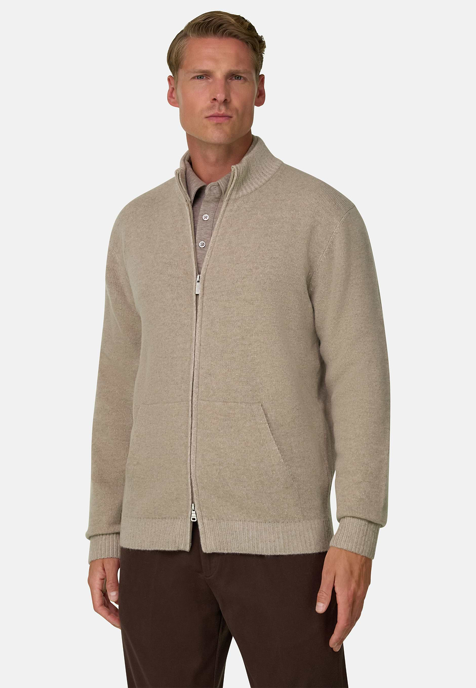 Jersey con Cremallera Completa en Mezcla Cashmere Vanisé, Beige, hi-res