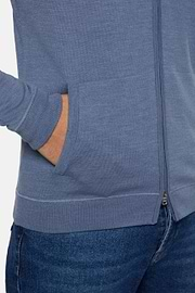 Indigo Full Zip Hooded Jumper In Merino Wool, Indigo, hi-res