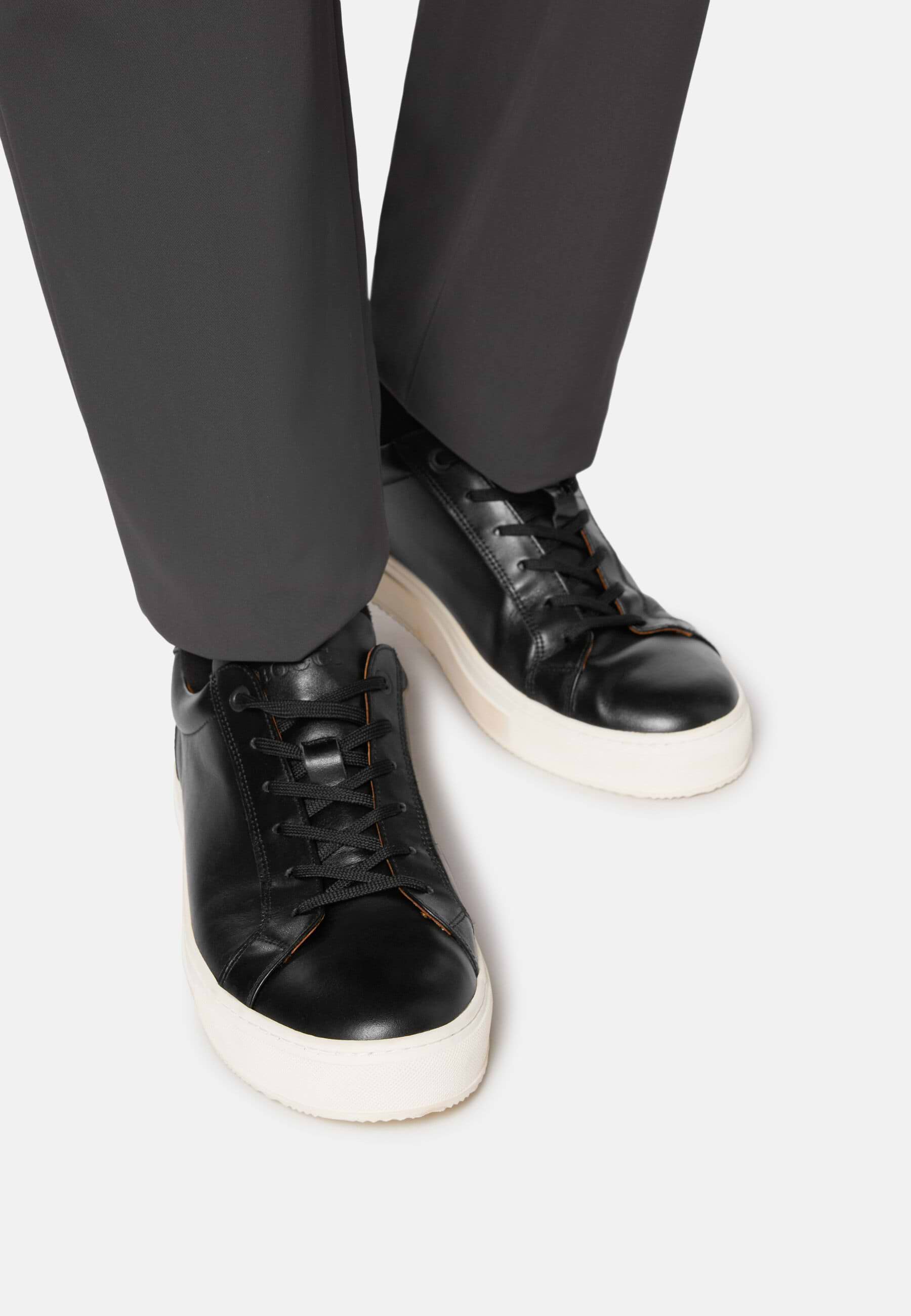 Black Leather Trainers, Black, hi-res, 2