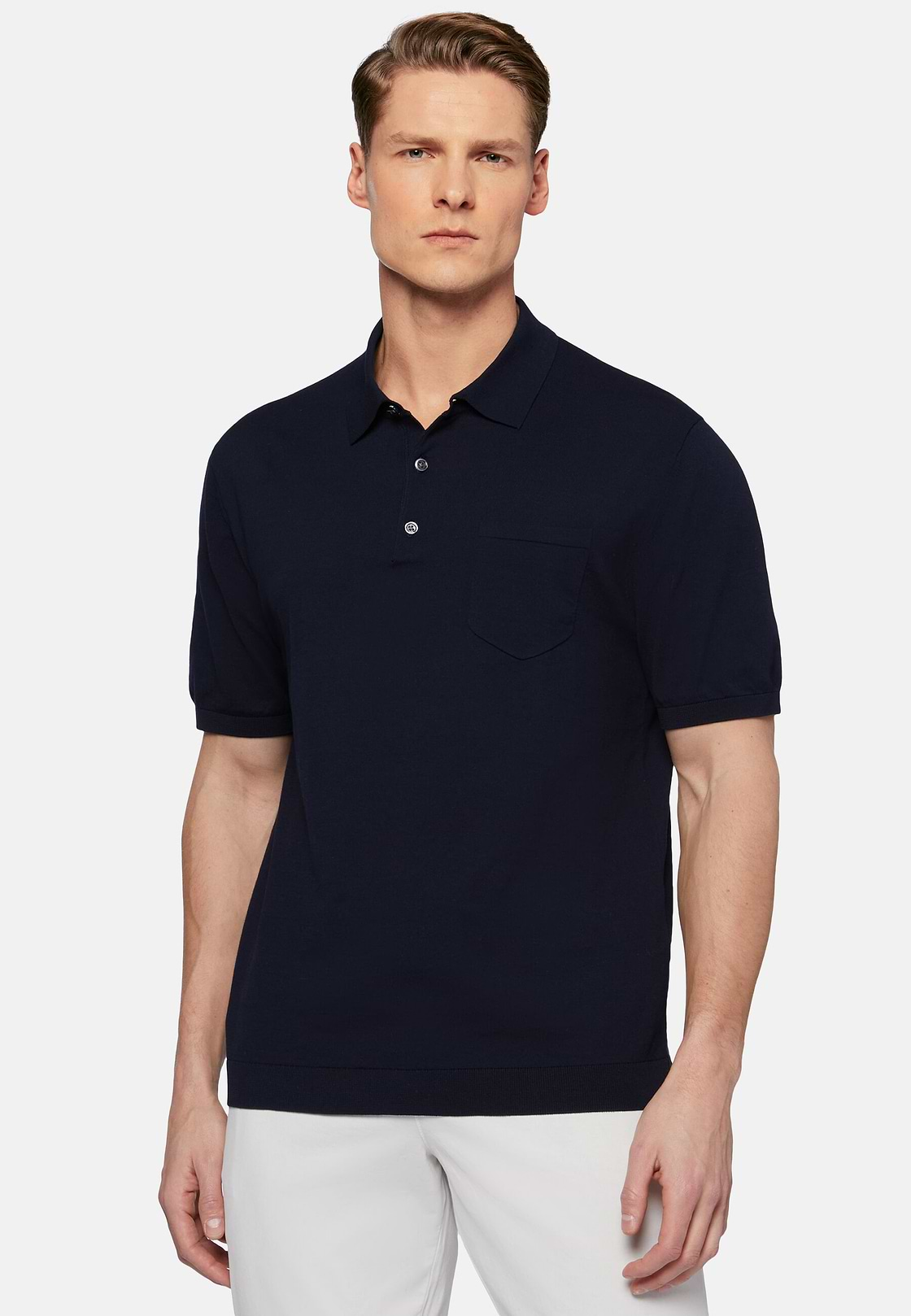 Navy Cotton Crepe Knit Polo Shirt, Navy blue, hi-res