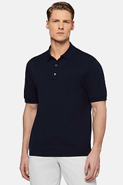 Navy Cotton Crepe Knit Polo Shirt, Navy blue, hi-res