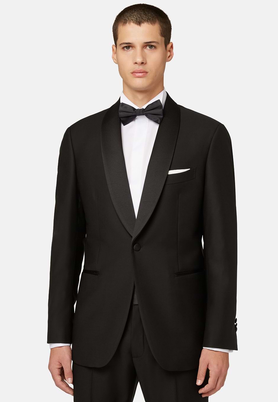 Black Wool Tuxedo Jacket with Shawl Collar, Black, hi-res