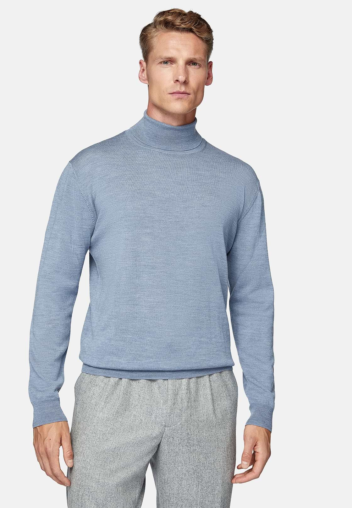 Sky Blue Merino Wool Polo Neck Jumper, Light Blue, hi-res