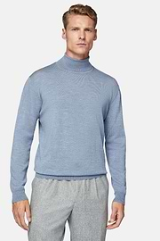 Sky Blue Merino Wool Polo Neck Jumper, Light Blue, hi-res