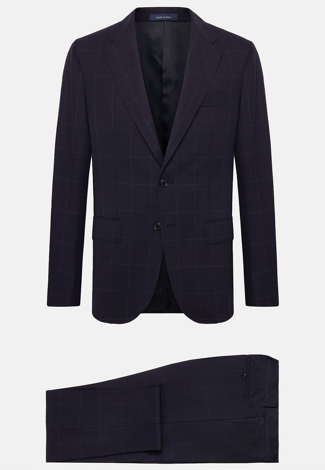 Navy Blue Windowpane Check Suit In Pure Wool, Navy blue, hi-res