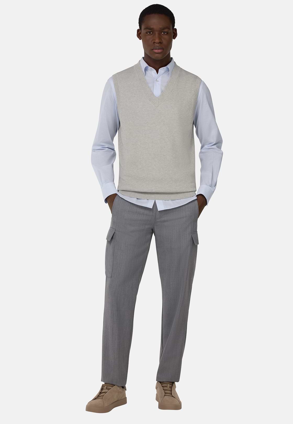 Cotton and Silk V-Neck Jumper, Grey, hi-res