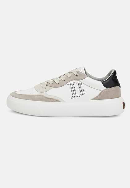 Leather Trainers with Macro Logo, Taupe, hi-res