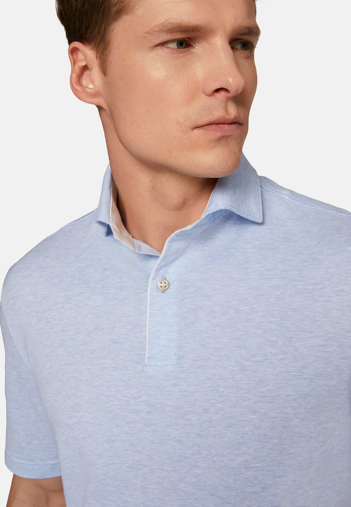 Cotton/Linen Piqué Polo Shirt, Light Blue, hi-res