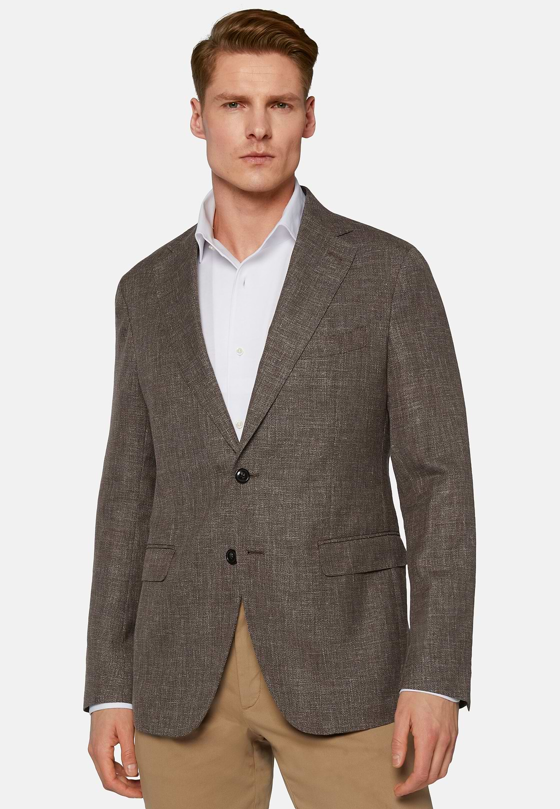 Micro Structured Wool Linen Stretch Blazer, Brown, hi-res