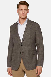 Micro Structured Wool Linen Stretch Blazer, Brown, hi-res