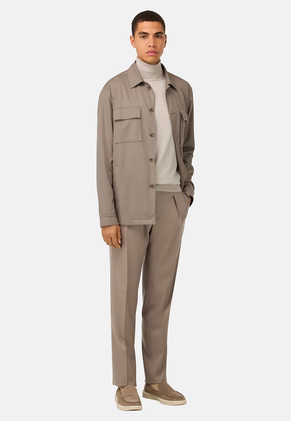 Link Shirt Jacket in Wool Flannel, Beige, hi-res
