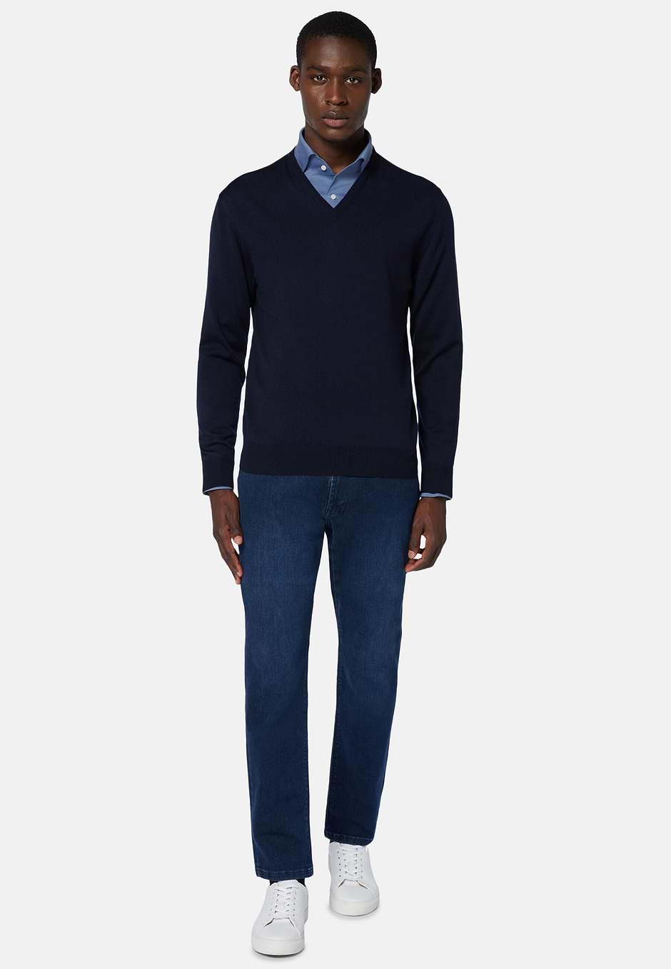 Grey Merino Wool V-neck Pullover, Navy blue, hi-res