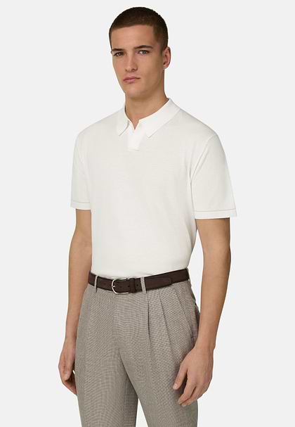 Cotton Crêpe Knit Polo Shirt, White, hi-res