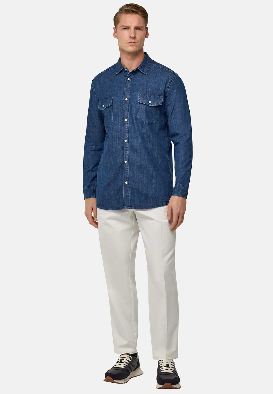 Cotton Denim Overshirt, Medium Blue, hi-res