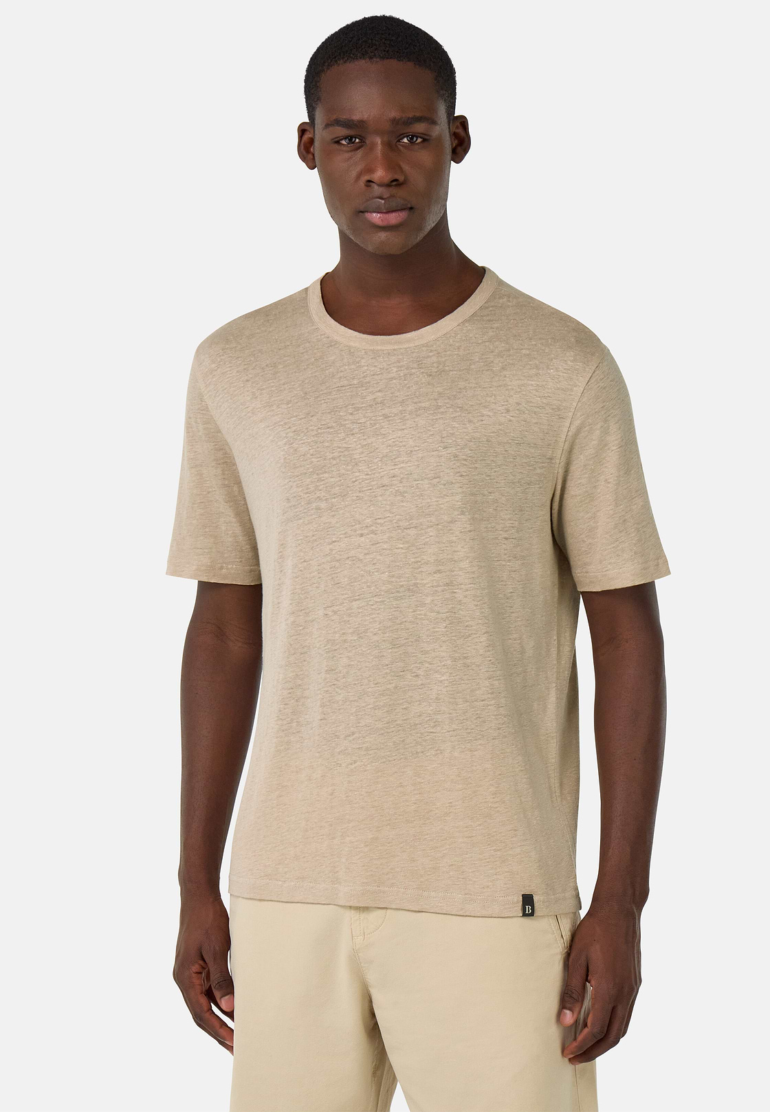 T-Shirt in Stretch Linen Jersey, Sand, hi-res