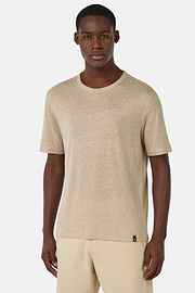 T-Shirt in Stretch Linen Jersey, Sand, hi-res