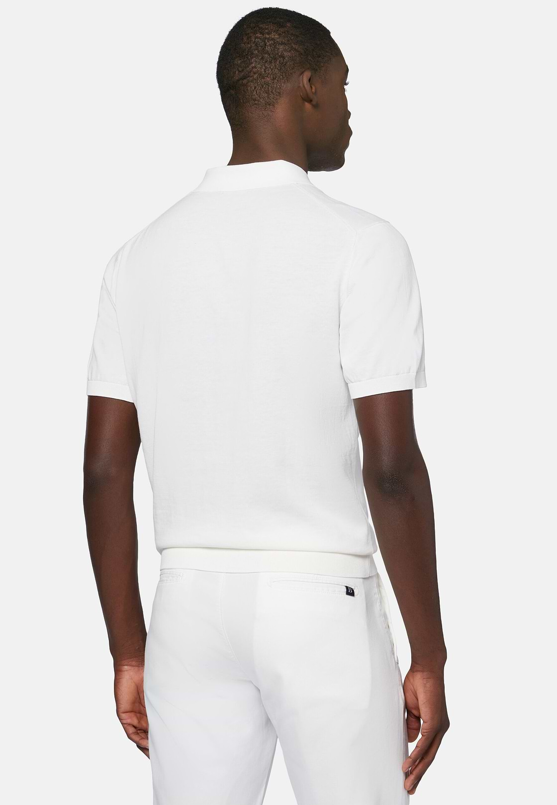 White Cotton Crepe Knit Polo Shirt, White, hi-res