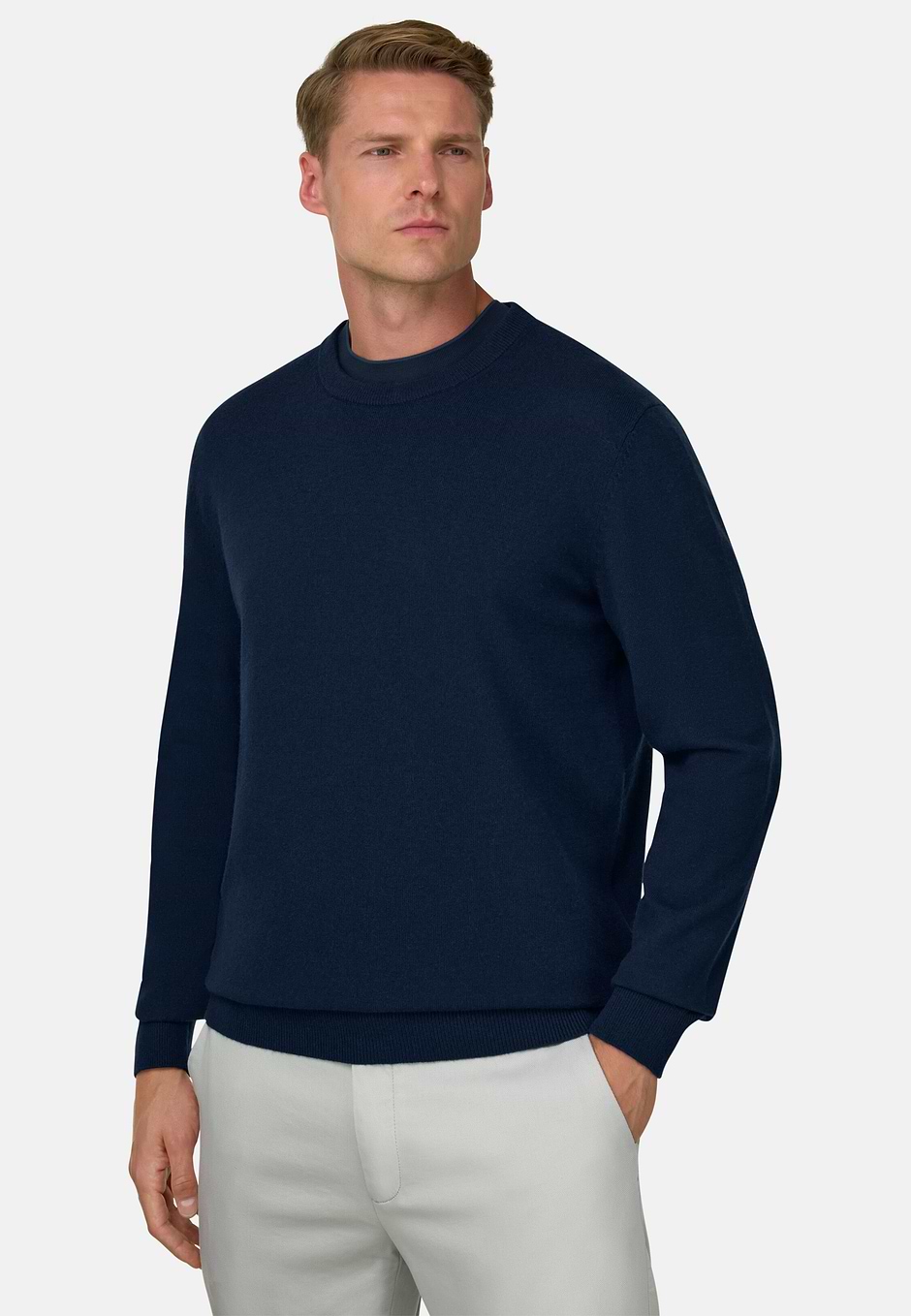 Crew Neck Jumper in Cashmere Blend, Navy blue, hi-res