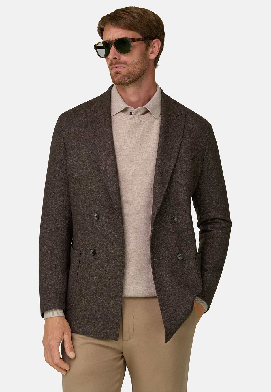 Blazer Double-Breasted Viscose Blend, Brown, hi-res