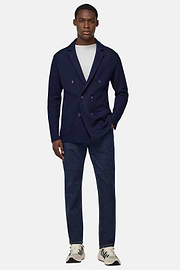Double-Breasted Knitted Jacket in Cotton Crêpe, Navy blue, hi-res