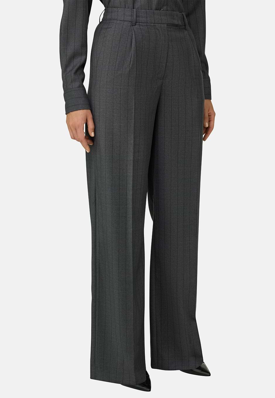 Pinstripe Wool Trousers Single Pleat, Grey, hi-res