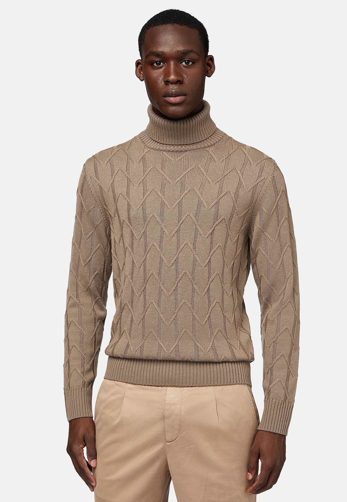 Camisola de gola de polo em lã de merino taupe, Taupe, hi-res