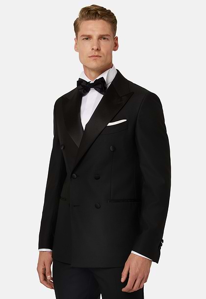 Black Wool Dinner Jacket with Peak Lapels, Black, hi-res