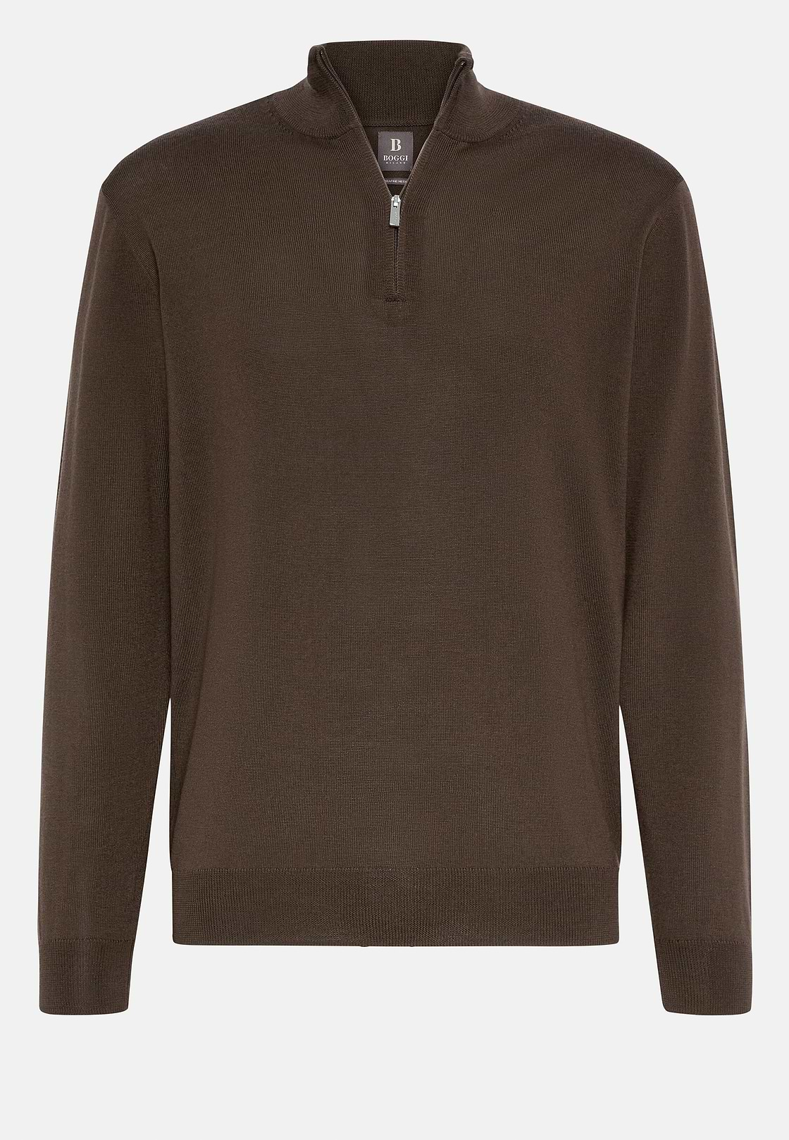 Brown Merino Wool Half-Zip Jumper, Brown, hi-res