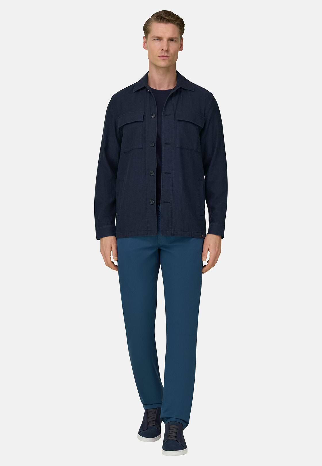 Giacca Camicia In Cotone Lino, Navy, hi-res, 1