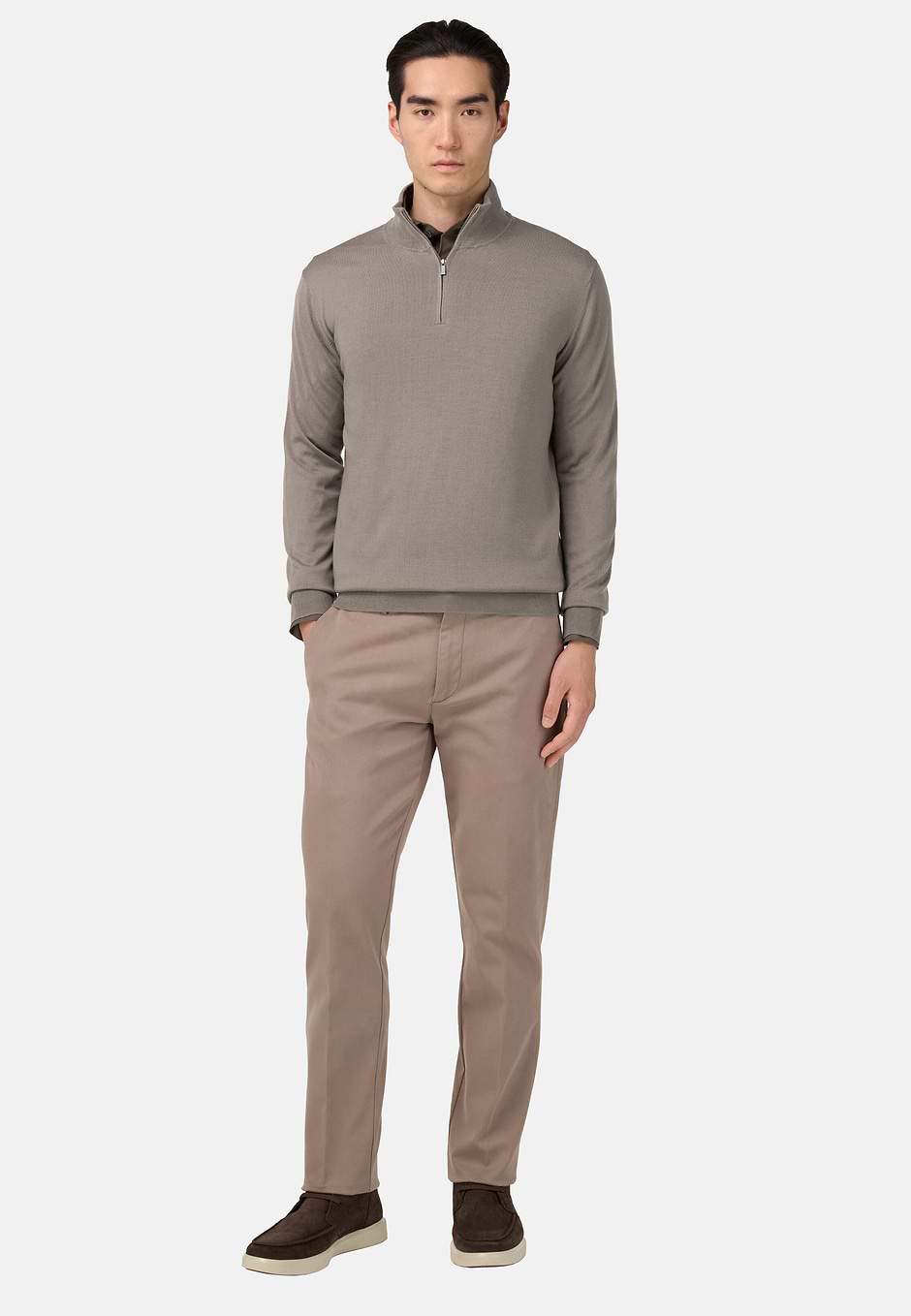 Pull Demi Zip En Laine Mérinos, Taupe, hi-res