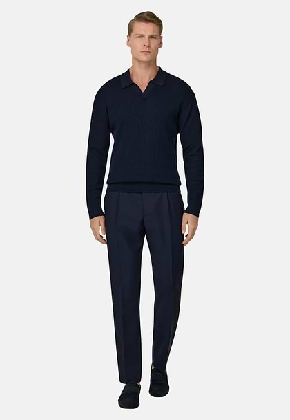 Cotton and Silk Knitted Polo Shirt, Navy blue, hi-res