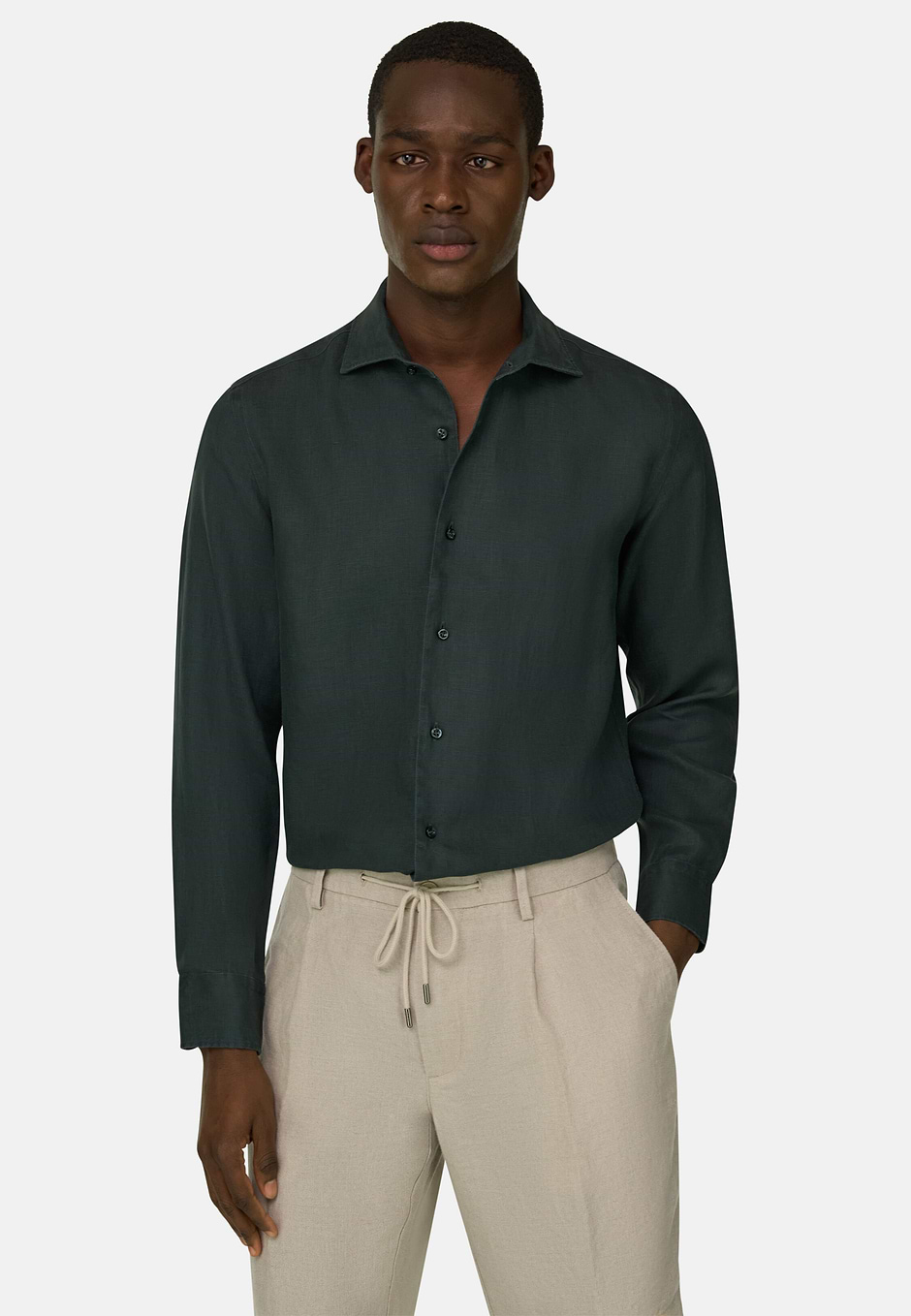 Camicia In Lino Regular Fit, Verde scuro, hi-res