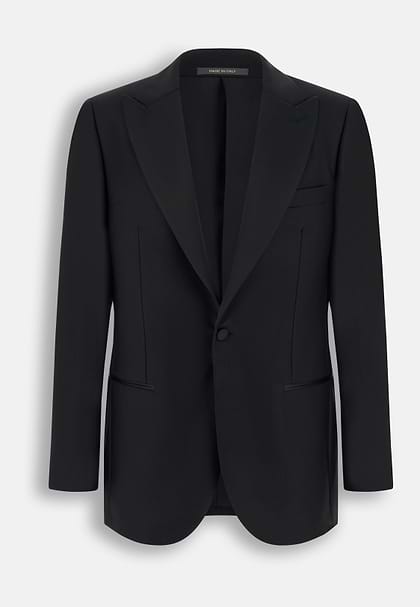 Black Wool Tuxedo Jacket with Peak Lapels, Black, hi-res