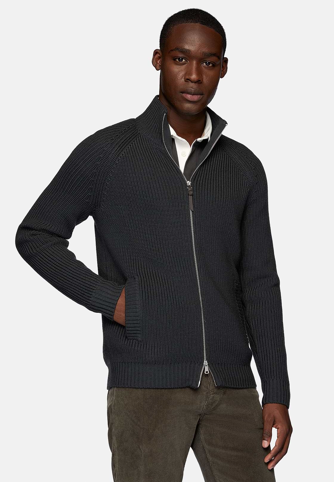 Charcoal Merino Wool Full Zip Jumper, Charcoal, hi-res