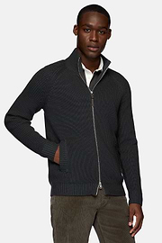 Charcoal Merino Wool Full Zip Jumper, Charcoal, hi-res