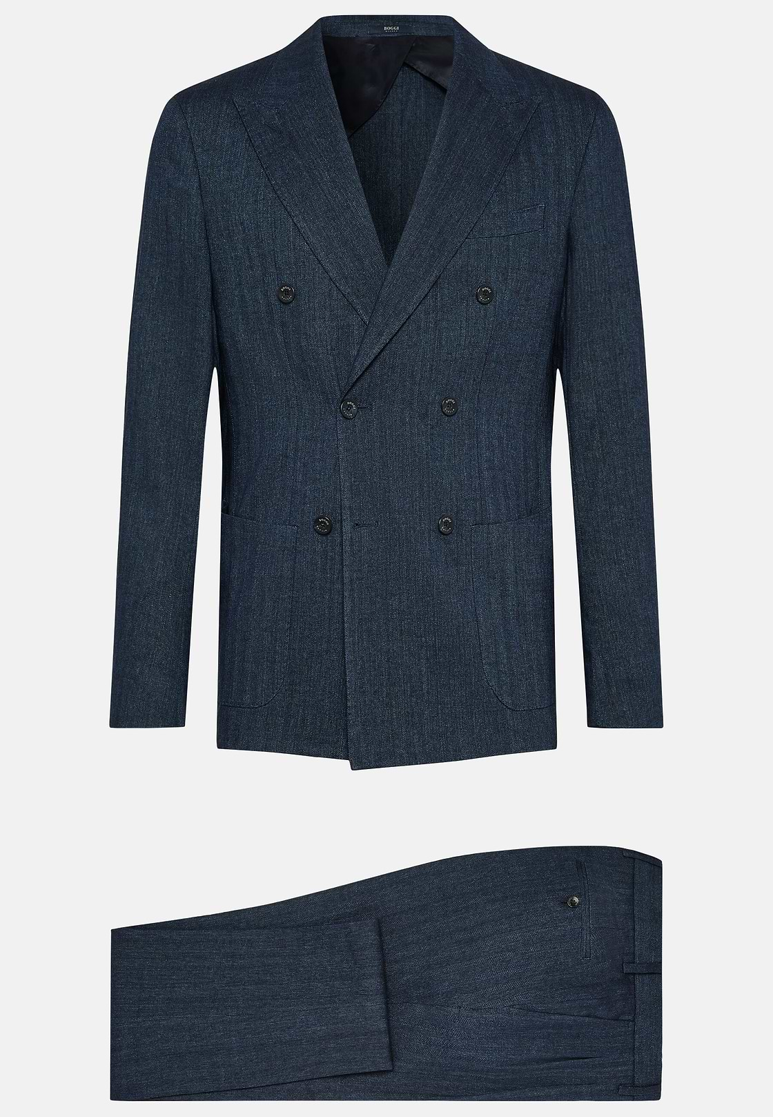 Navy Double-Breasted Suit In Cotton Linen, Navy blue, hi-res