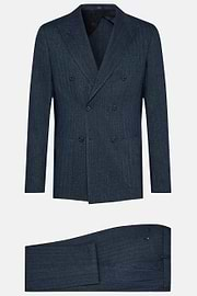 Navy Double-Breasted Suit In Cotton Linen, Navy blue, hi-res