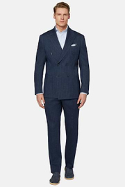 Navy Double-Breasted Suit In Cotton Linen, Navy blue, hi-res