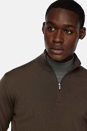 Brown Merino Wool Half-Zip Jumper, Brown, hi-res