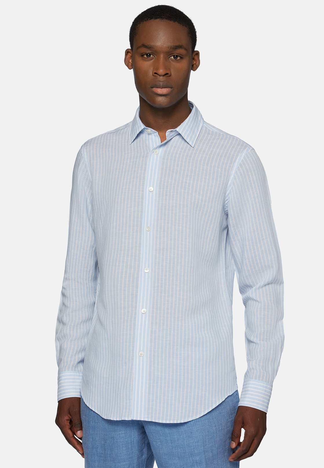 Regular Fit Sky Blue Striped Linen Tencel Shirt, Light Blue, hi-res