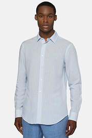 Regular Fit Sky Blue Striped Linen Tencel Shirt, Light Blue, hi-res