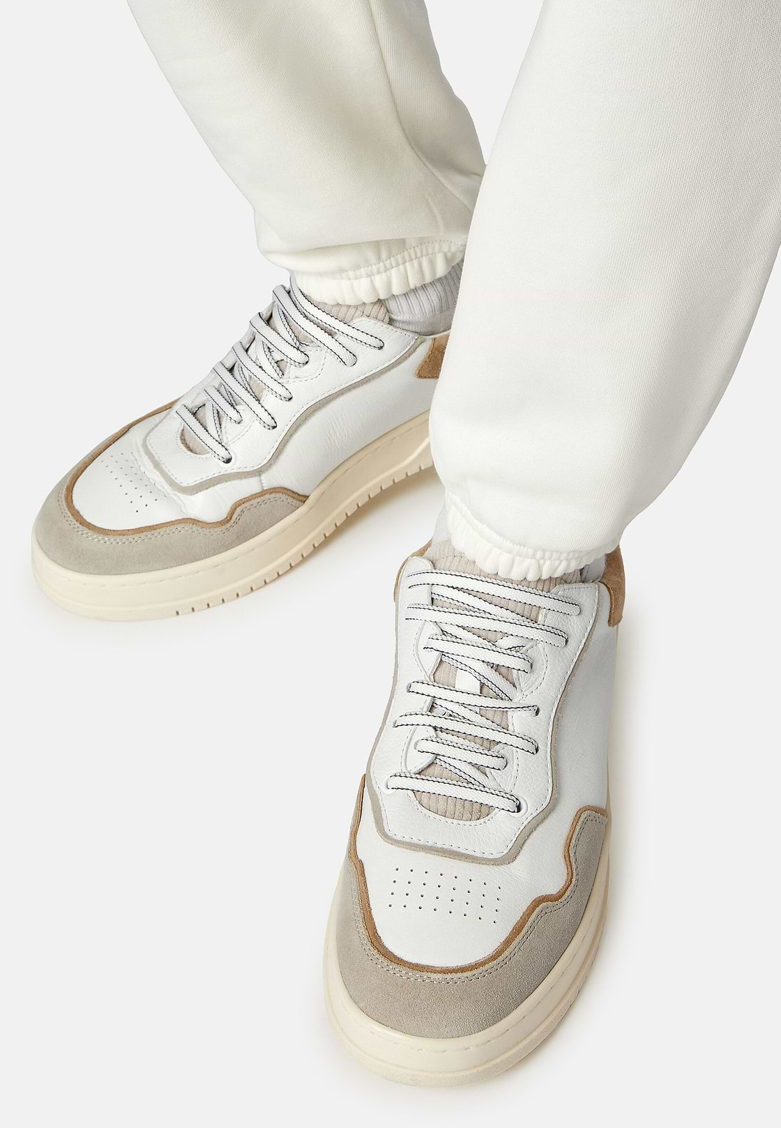 Sneakers Mix Cuir Et Velours, Blanc, hi-res