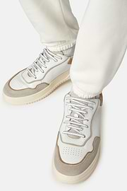 Sneakers Mix Cuir Et Velours, Blanc, hi-res